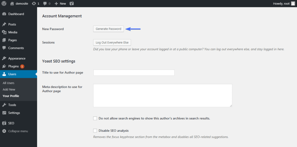 Create password for user profile