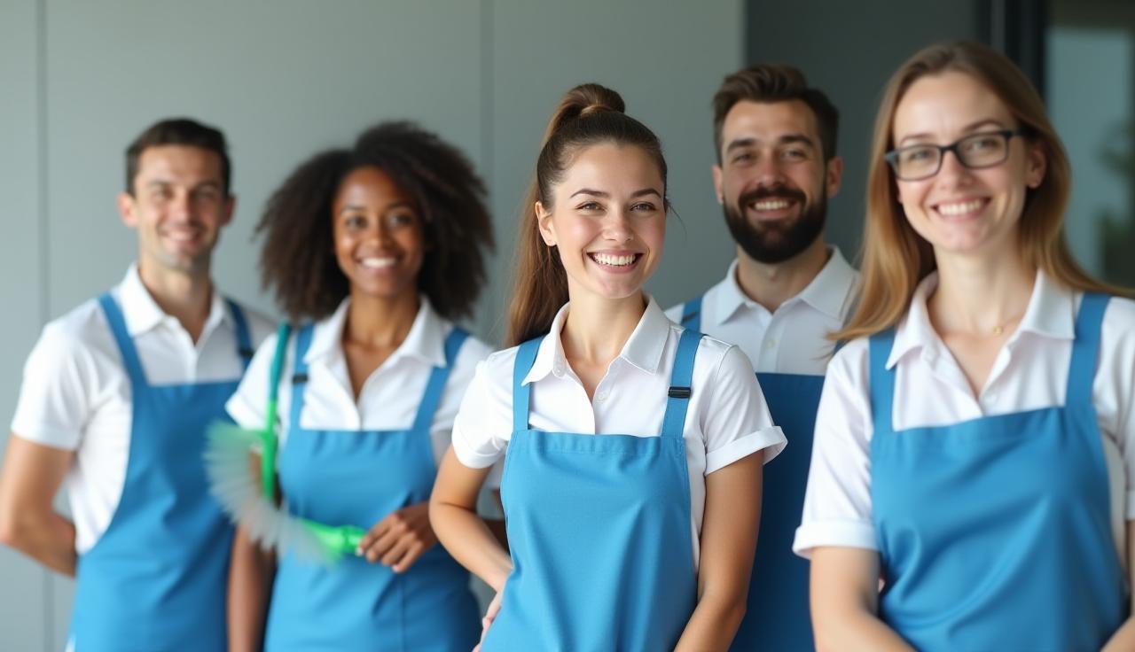 Professional cleaning team in uniform smiling