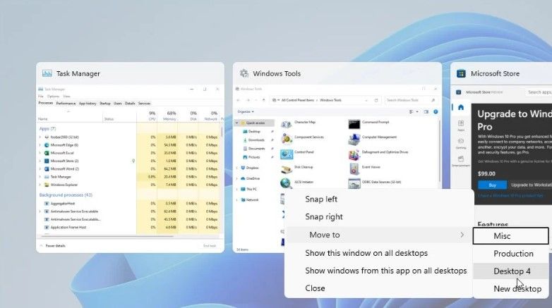 Move applications between desktops.