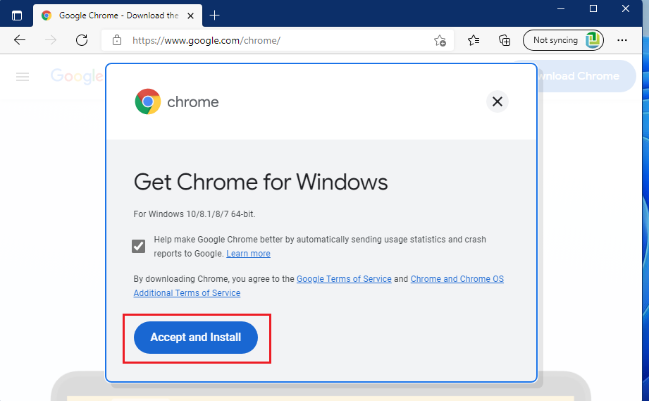 accept and install Chrome on Windows 11