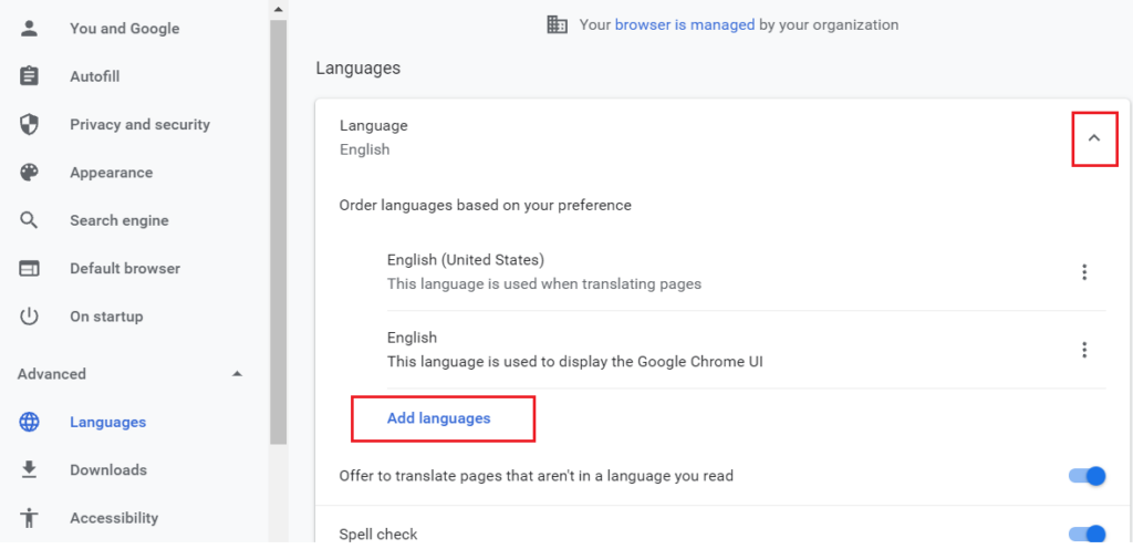 google chrome add languages ​​button