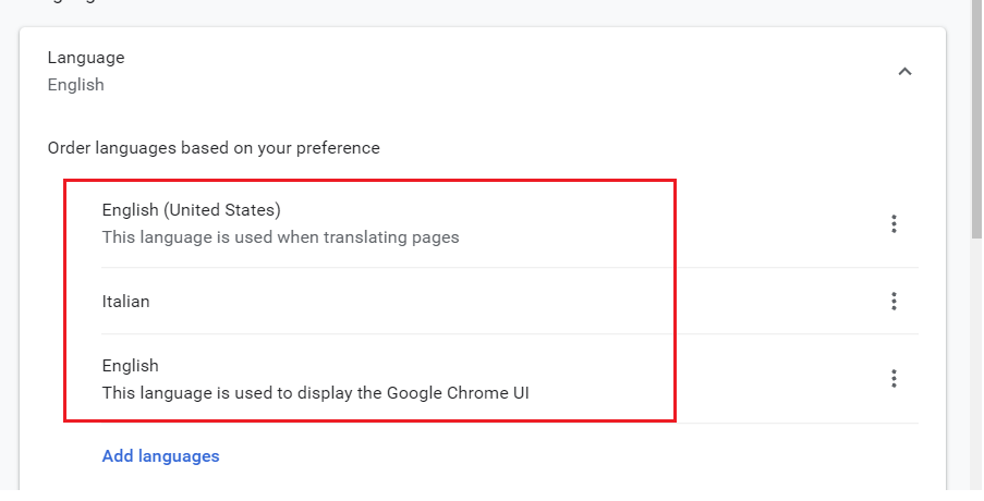 google chrome add language list