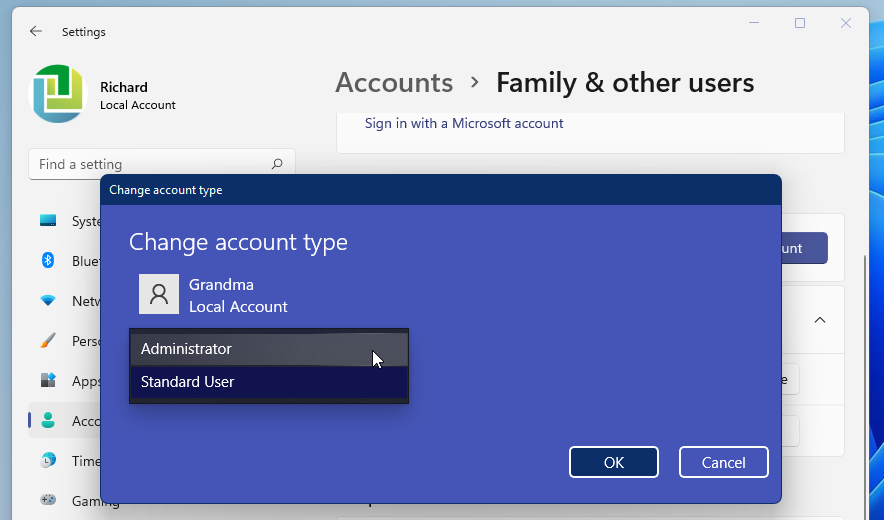 change account type with Windows 11