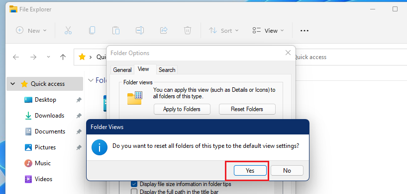 Windows 11 reset folder views confirmation