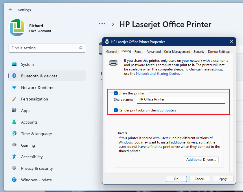 Windows 11 shares these printer settings
