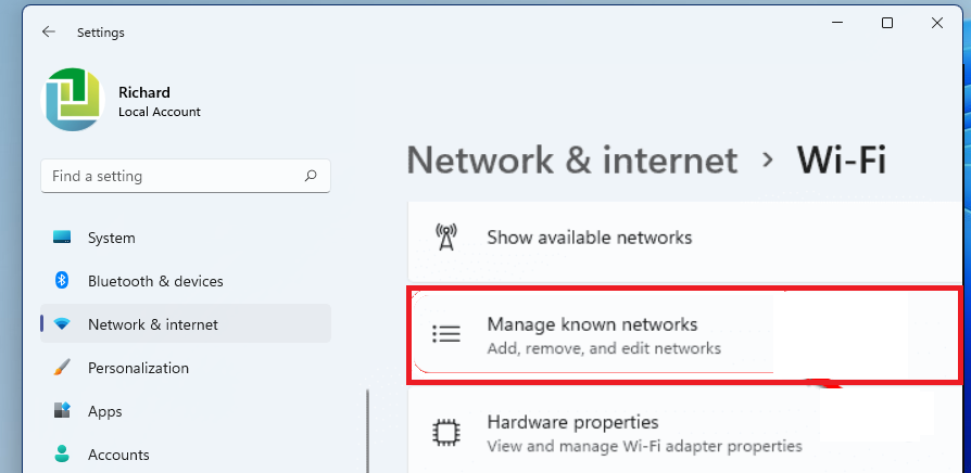 Windows 11 manages known networks