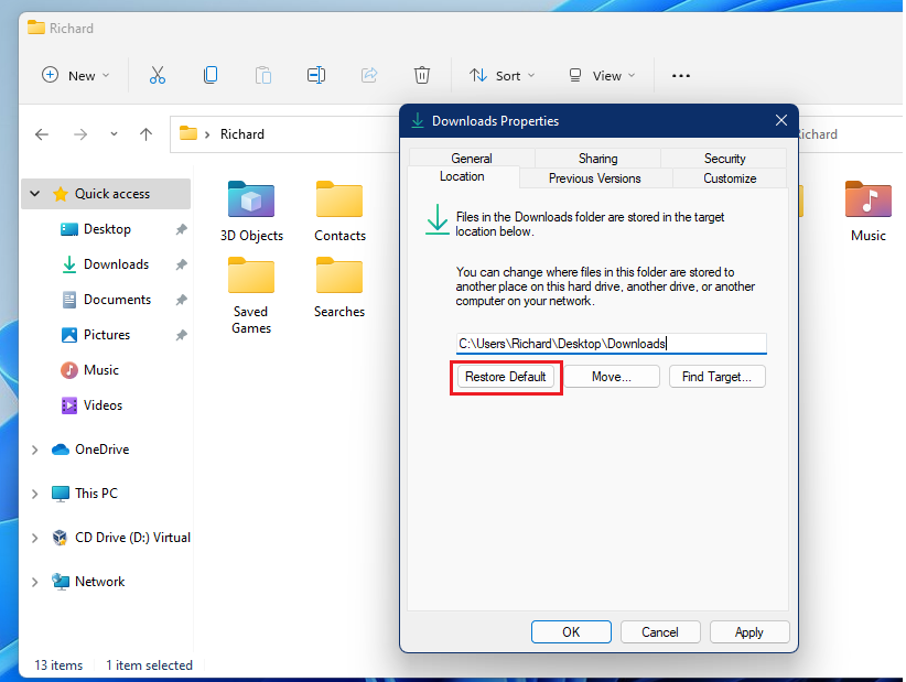 Windows 11 restore default button home folder