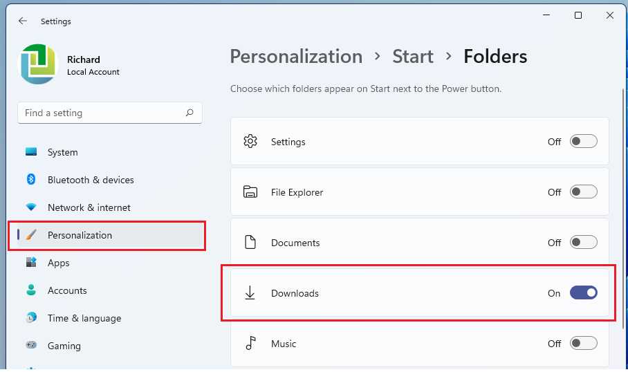 Windows 11 shows the download folder in the start menu