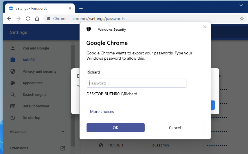 google chrome windows password request