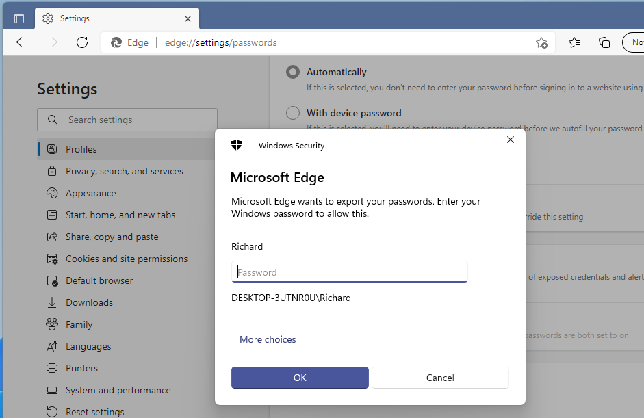 microsoft edge export password windows account