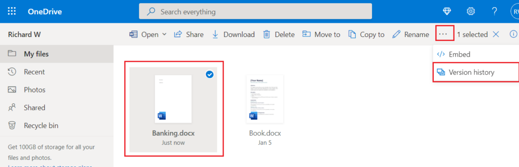 restore previous version of onedrive file online