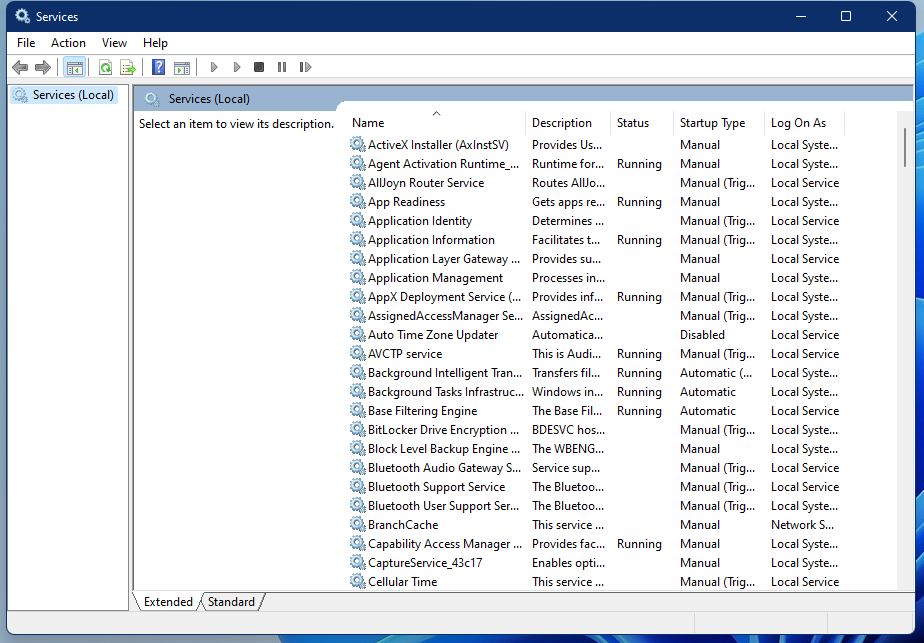 Windows services application panel