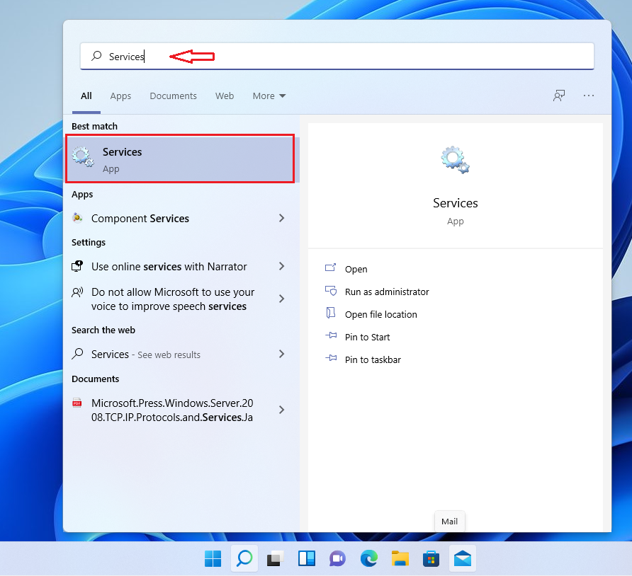 Windows services start menu