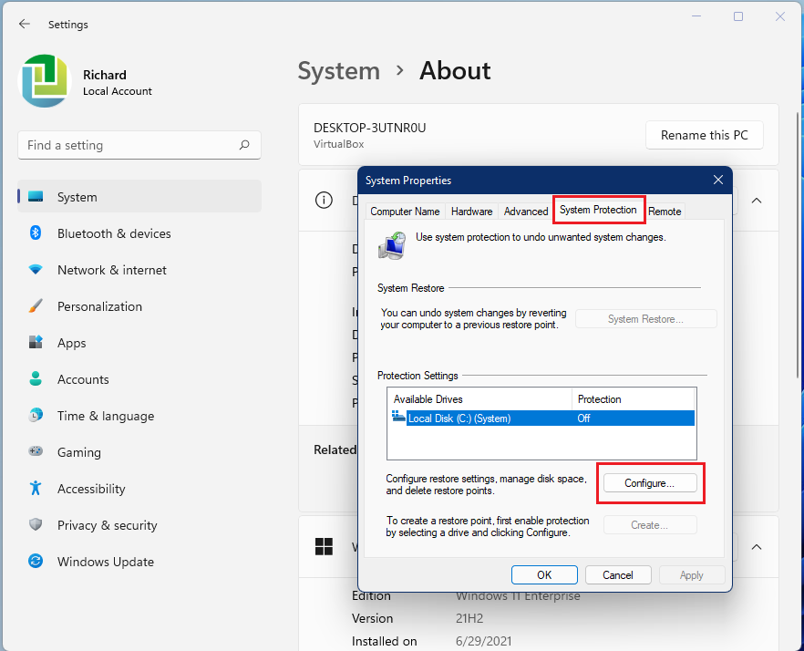 Windows 11 restore point settings button