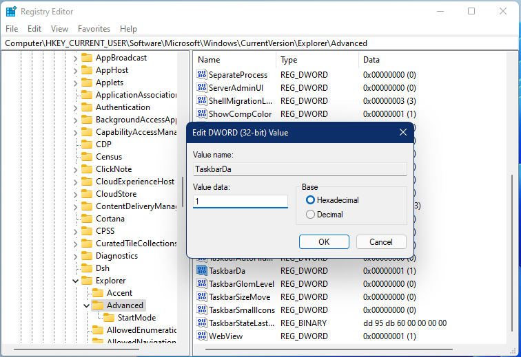 disable or enable widgets on the Windows 11 taskbar