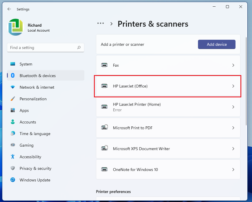 Windows 11 select the printer from the list