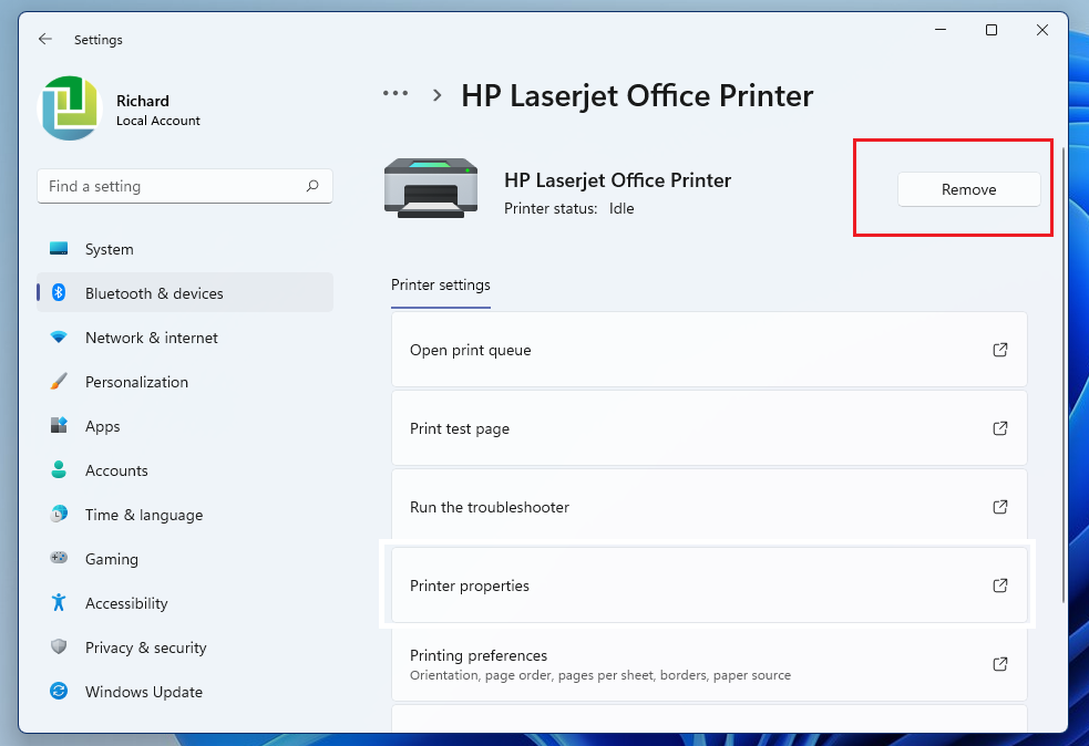 Windows 11 share printer properties delete