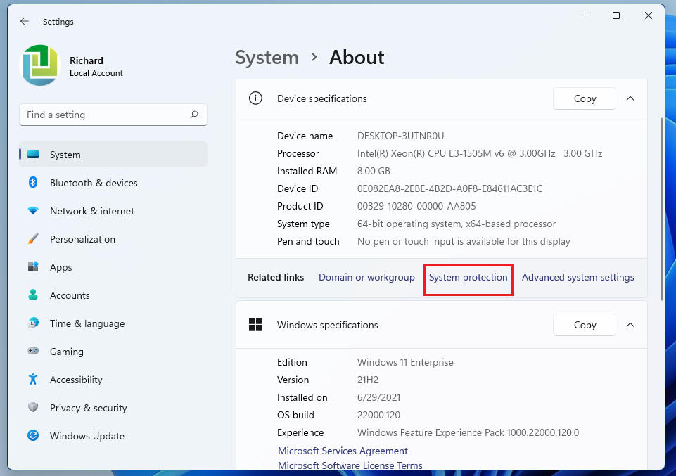 windows 11 system protection link