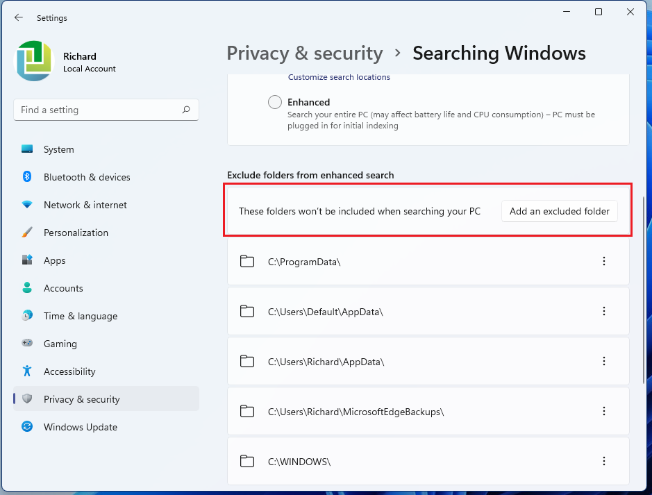 Windows 11 excludes folders from search