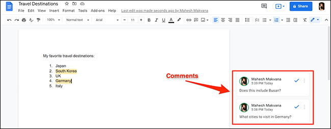 Print a Google Docs document with comments