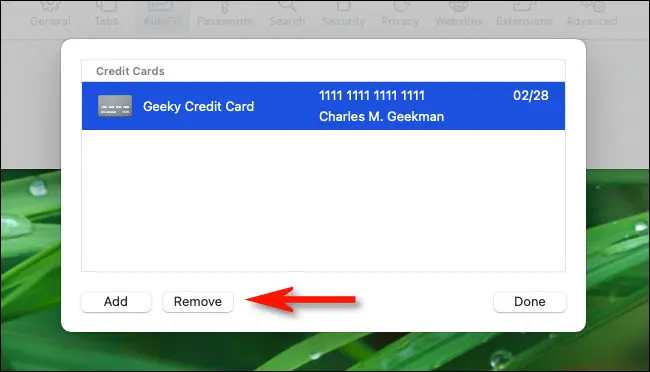 Delete saved credit card in Safari