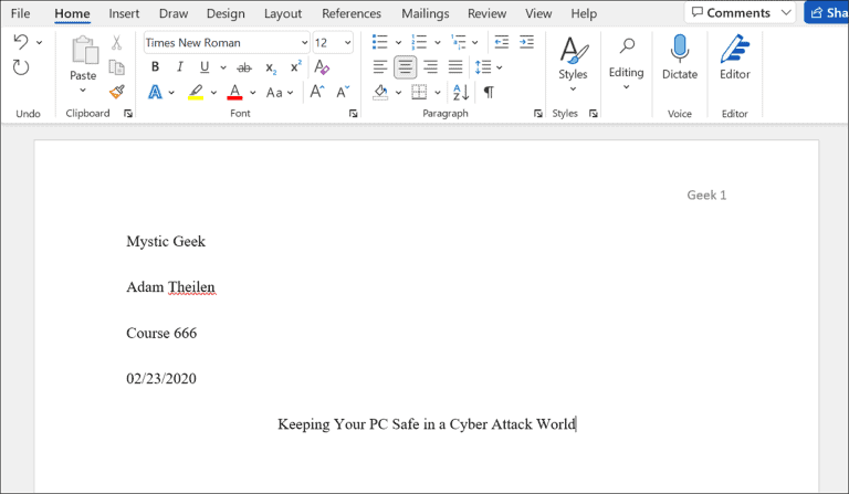 Title at the center of the Word document in MLA format.