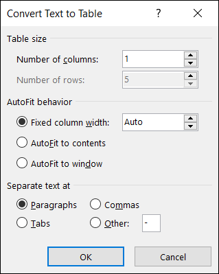 Convert table text to Word